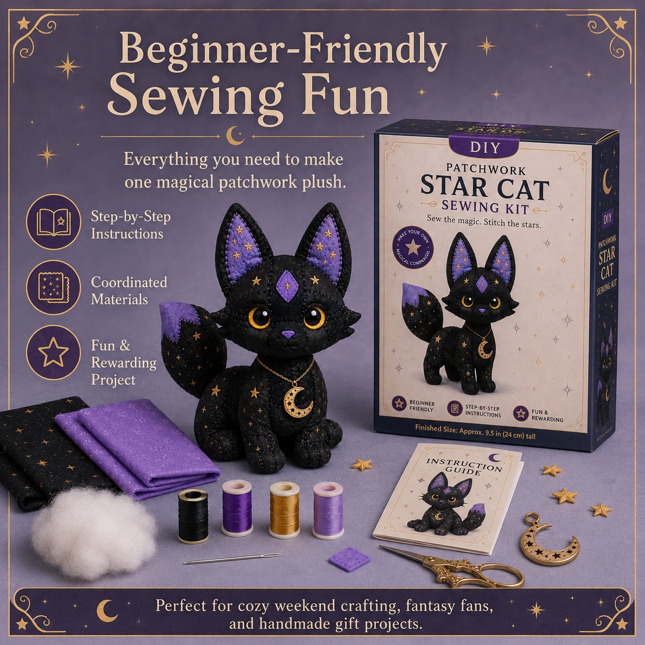 🔥LAST DAY 50% OFF - 🐱Mystic Patchwork Animal Sewing Kit – DIY Plush Craft Kit with Starry Fabric, Moon Charm - Star Cat