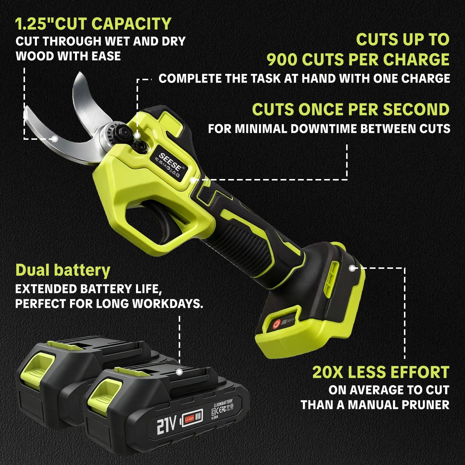 Electric Pruning Shears for Gardening: 1.25" Cutting Cordless Power Pruner, Brushless Motor, Dual21V Battery For Tree & FlowerTrimming