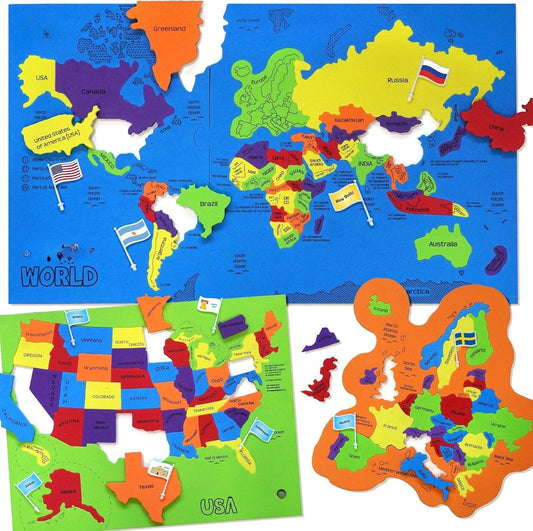 🌍USA & World Map Puzzle with Flags & Capitals 🧩– Educational Geography Jigsaw Toy for Kids Ages 5–12 (STEM Learning Set)